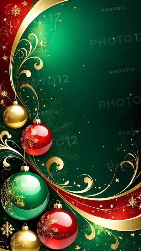 Abstract wallpaper illustration of Christmas symbols for gift cards, swirling shapes and lines, in red green and golden colors, AI generated