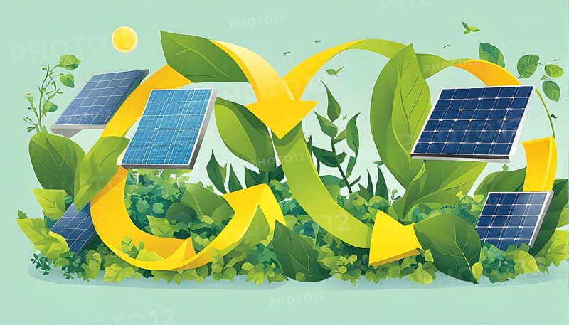 Recycling symbol morphing into growing plants and solar cells to symbolize the transformation of waste into renewable resources, AI generated