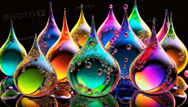 Colourful iridescent plastic drops and bubbles filled with oily liquids, round glass drop-shaped structures, 3 D, digital art, AI generated, AI generated