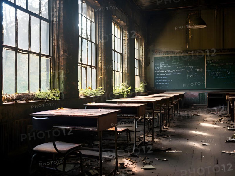 Abandoned school classroom desks in rows faded chalkboard evoking silent echoes of past lessons, AI generated