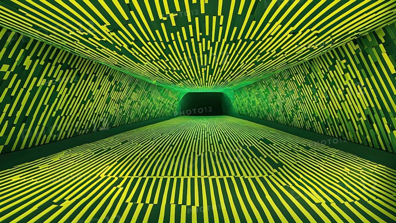 Abstract geometric pattern tunnel structure embodying data streams and communication in green hues, AI generated