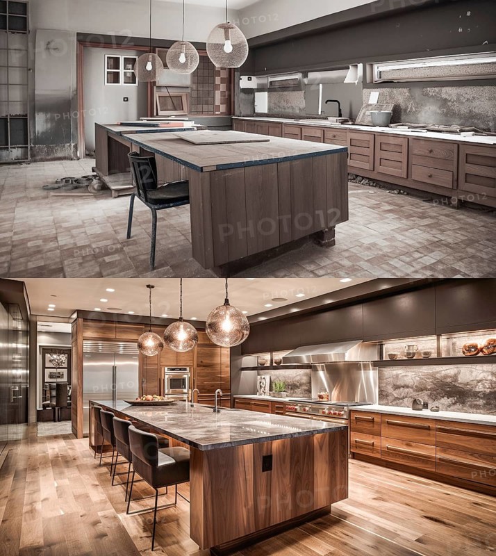 Luxurious custom kitchen upgrade interior before and after construction, generative AI, AI generated