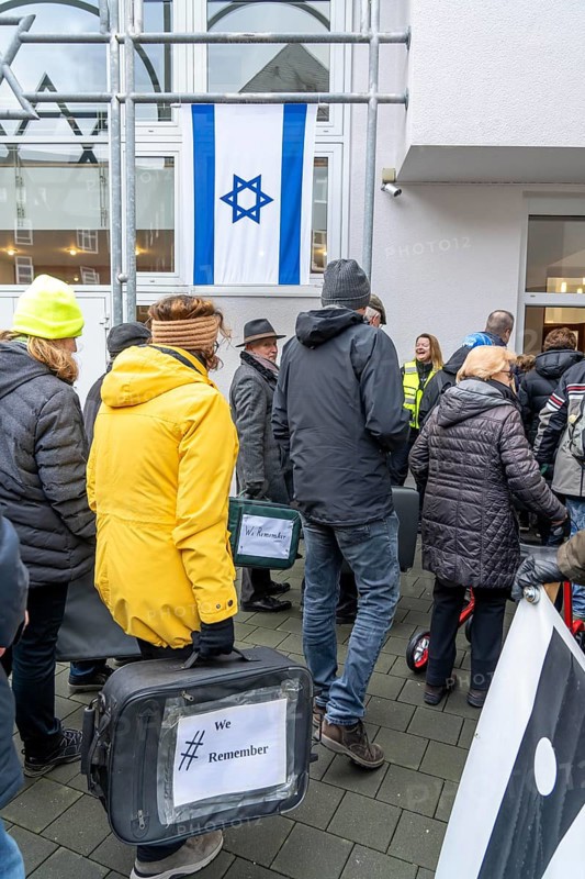 Suitcase march in Recklinghausen, for the 2nd time over 500 people walk through Recklinghausen, carrying suitcases with the inscription #WeRemember, in memory of the deportation of 216 Jews in the Nazi era in RE, on the day in front of the International Holocaust Remembrance Day, to the synagogue, followed by a memorial service, the names of the deported people are written on the pillars, North Rhine-Westphalia, Germany, Europe