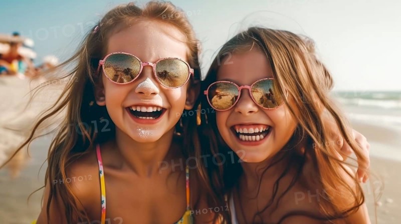 Two young girlfriends posing wearing sunglasses having fun on the beach, generatvie AI, AI generated