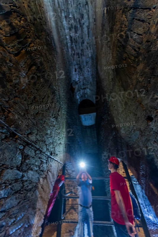 Wheel room of the Unverhofft Segen Gottes Erbstolln in Oberschöna, where there is a 13 metre high and 2.5 metre wide vault, in which a water wheel was operated in the 18th century, which kept the pumps running at a depth of 70 metres, 19th Day of the Mining and Metallurgy Exhibition in the District of Central Saxony, Oberschöna, Saxony, Germany, Europe