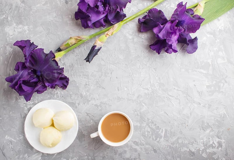 Purple iris flowers and a cup of coffee with marshmallow on a gray concrete background. Morninig, spring, fashion composition. Flat lay, top view, copy space