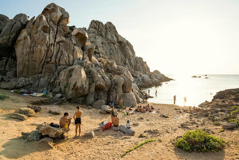 Bizarre and huge granite rocks by the sea, sunset, Spiaggia Valle della Luna, Capo Testa, near Santa Teresa di Gallura, Sardinia, Italy, Europe