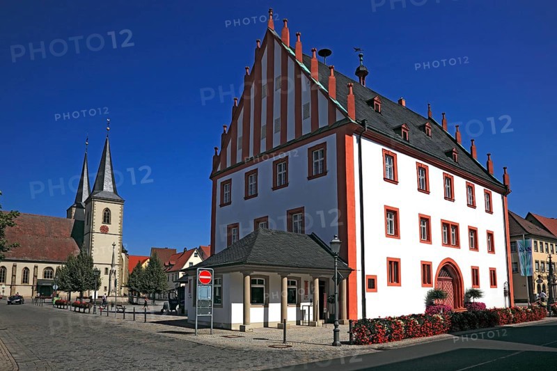 Old town hall and parish church, Hassfurt, Hassberge district, Lower Franconia, Bavaria, Germany, Europe