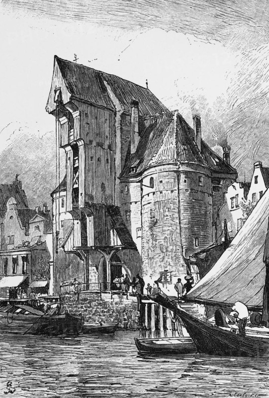 Crane Gate, Gdansk or Gdansk, Baltic Sea, Poland, landmark, Motlawa, Motlawa, sailing ship, historical illustration 1880, Europe