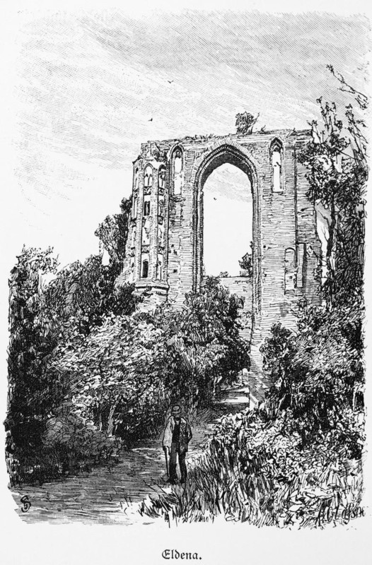 Church ruins in Eldena, Ludwigslust-Parchim district, Mecklenburg-Western Pomerania, Germany, monastery, overgrown, walker, historical illustration 1880, Europe