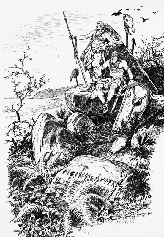Historicising illustration, island of Rügen, Baltic Sea, Mecklenburg-Western Pomerania, Germany, Vikings, runic writing, spear, lance, sword, erratic blocks, coast, plants, skull, historical illustration 1880, Europe