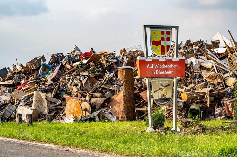 Flood at the Erft, at the end of the district Bliesheim, Erftstadt, the household rubbish was stored, which was taken out of the flats and houses of the village, after the flooding of the village, North Rhine-Westphalia, Germany, Europe