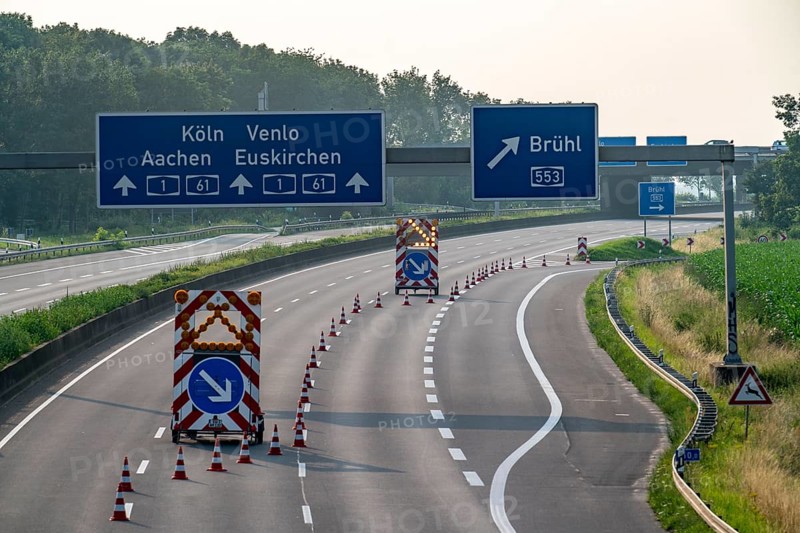 Flooding on the Erft, motorways A1 and A61 closed due to flooding of the carriageway and damage to the carriageway Erftstadt, Bliesheim motorway junction, North Rhine-Westphalia, Germany, Europe