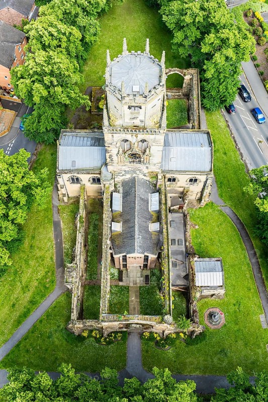 All Saints Church in Pontefract from a drone, West Yorkshire, England, United Kingdom, Europe