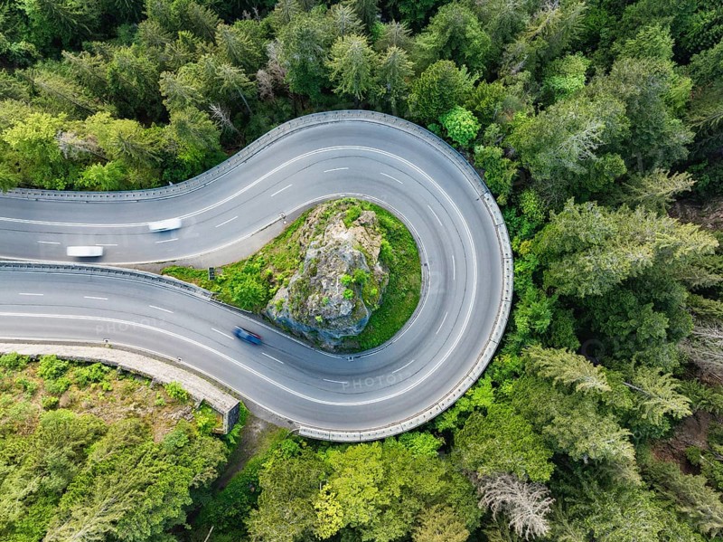 Aerial view, top down view from the federal road B31, Kreuzfelsenkurve in the southern Black Forest, Breisgau-Hochschwarzwald, Baden-Württemberg, Germany, Europe