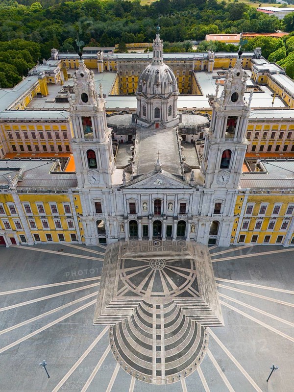 Aerial perspective of a baroque palace with high towers and a large, symmetrical square with a striking staircase, Aerial view, Palace, Palácio Nacional de Mafra, Lisbon, Lisboa, Portugal, Europe
