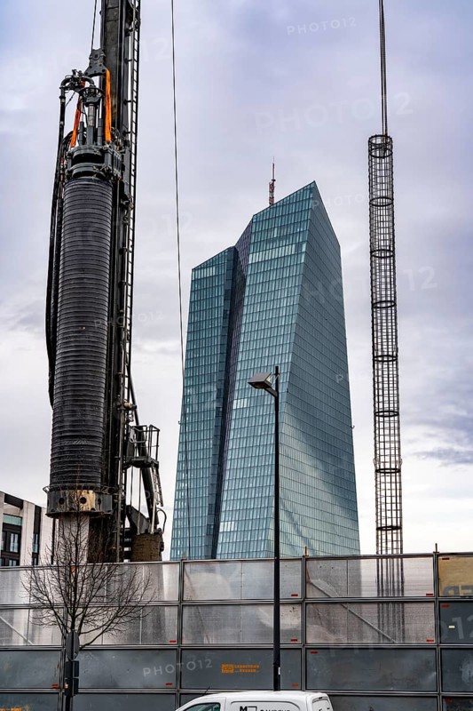 Building of the European Central Bank, ECB, construction site on a neighbouring property, drilling work, in Frankfurt am Main, Hesse, Germany, Europe