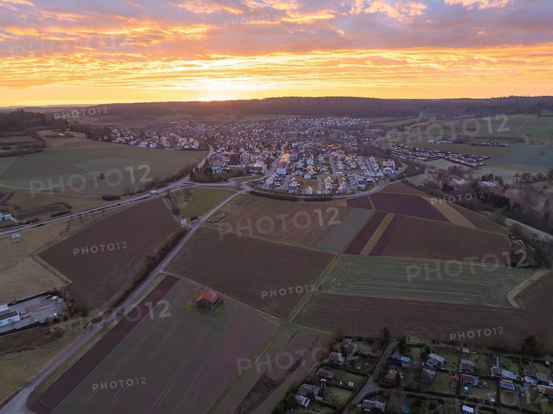 Landscape shot with villages and fields at an atmospheric dusk, Calw Stammheim, Black Forest, Germany, Europe