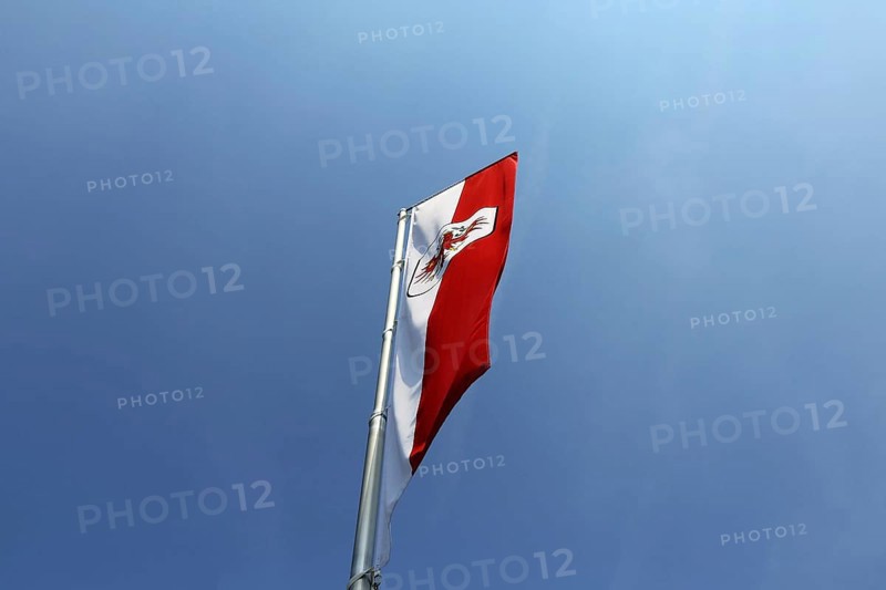 Österreichische Flagge vor blauem Himmel (Austrian flag in front of a blue sky)