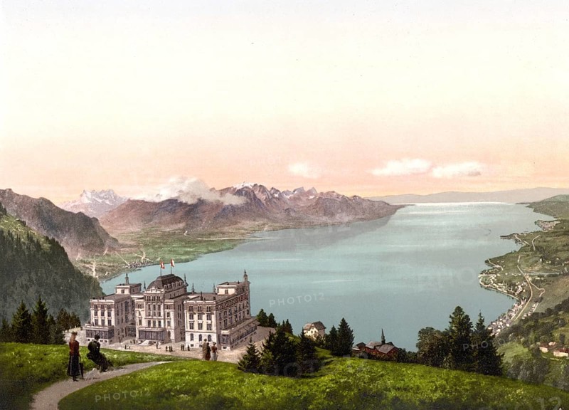 Rochers de Naye and Hotel de Caux, Geneva Lake, Switzerland, Historic, digitally restored reproduction from a 19th century original, Record date not stated, Rochers de Naye, and Hotel de Caux, Geneva Lake, Switzerland, Historic, digitally restored reproduction from a 19th century original, Record date not stated, Europe