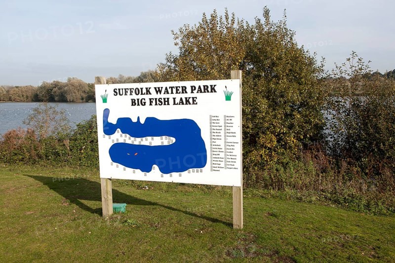Sign showing map of Big Fish lake at Suffolk water park, Bramford, Suffolk, England, UK