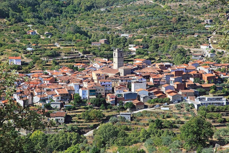 Looking down on rooftops of nucleated village Garganta la Olla, La Vera, Extremadura, Spain, Europe