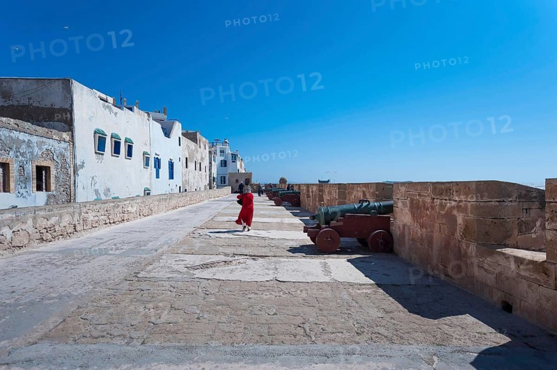 Fortress wall with cannons in the port city, city, tourism, travel, holiday, city trip, city trip, defence, Essaouira, Morocco, Africa