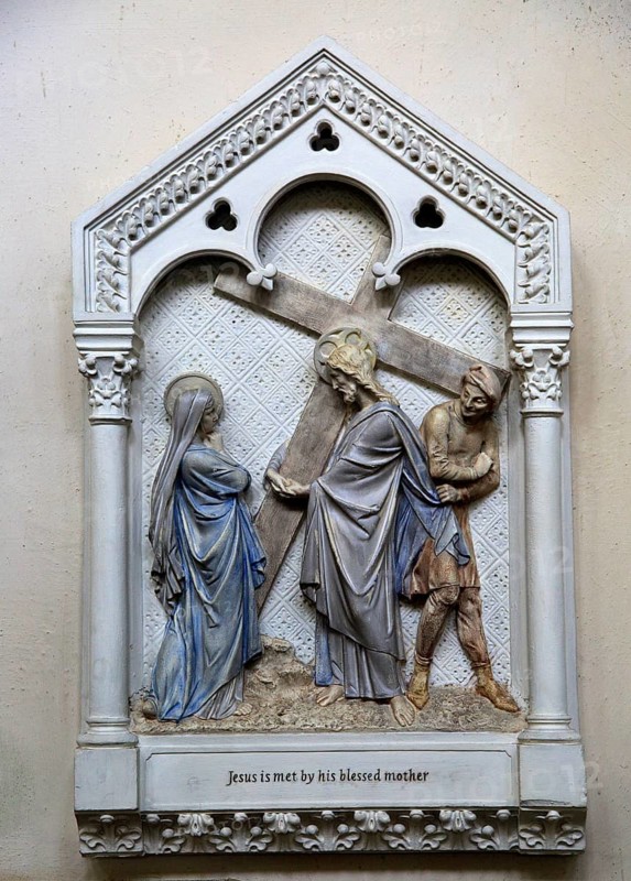 Jesus is met by his blessed mother, stations of the cross, Ufford church, Suffolk, England, UK