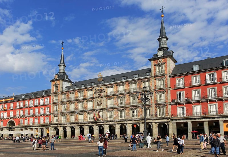 Plaza Mayor, Madrid, Spain designed 1619 Juan Gomez de Mora central square tourist attraction in the heart of the city