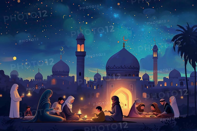 Essence of Ramadan, featuring people gathered and eating near a mosque under a starry night sky, illuminated by the crescent moon, AI generated