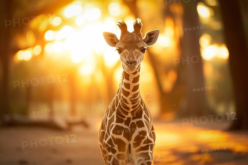 Baby giraffe standing amidst the golden rays of the setting sun, surrounded by nature beauty, AI generated