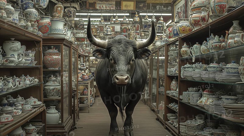 Very large bull with horns in a China shop filled with glassware. generative AI, AI generated