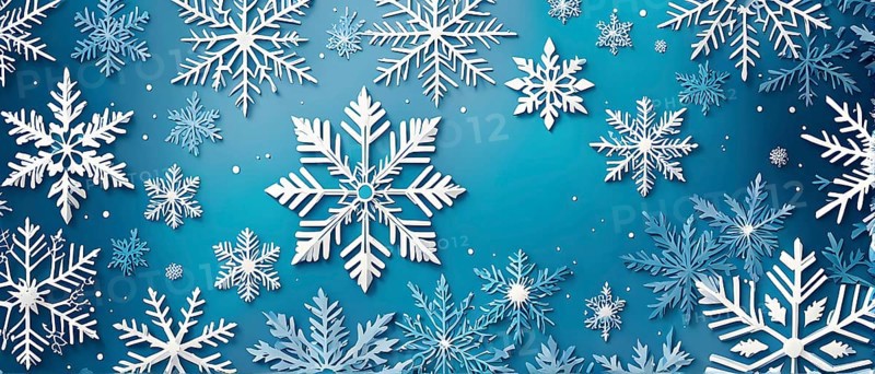 Abstract pattern of snowflakes in varying sizes and shapes in soft white and blue gradients, AI generated