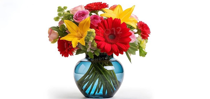 Transparent crystal glass vase with vibrant blooming flowers, AI generated