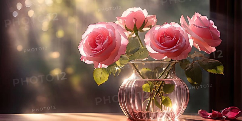 Transparent crystal glass vase with pink blooming roses, AI generated