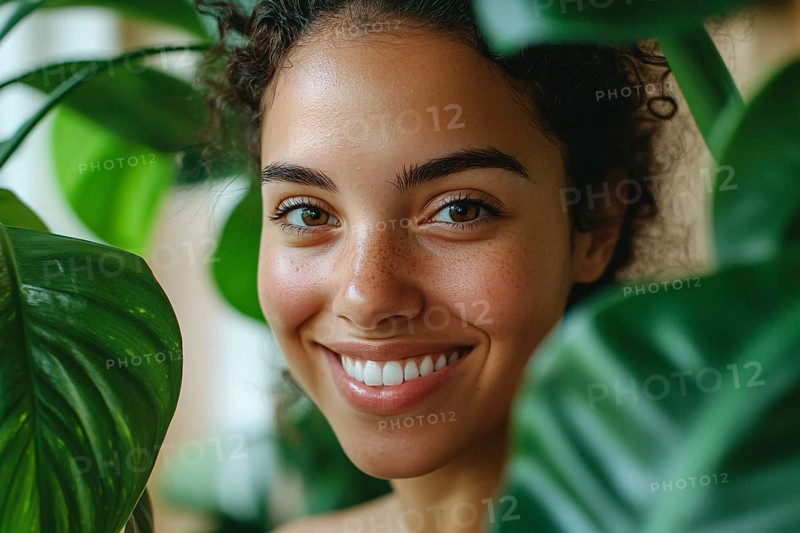 Young woman between leaves of tropical houseplants. Generative Ai, AI generated