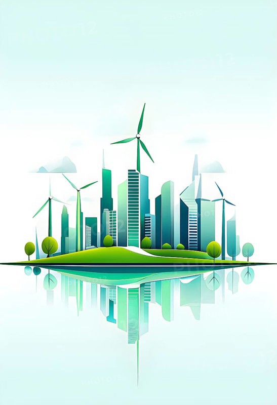 Abstract visual illustration of a city skyline where buildings morph into wind turbines and trees, AI generated