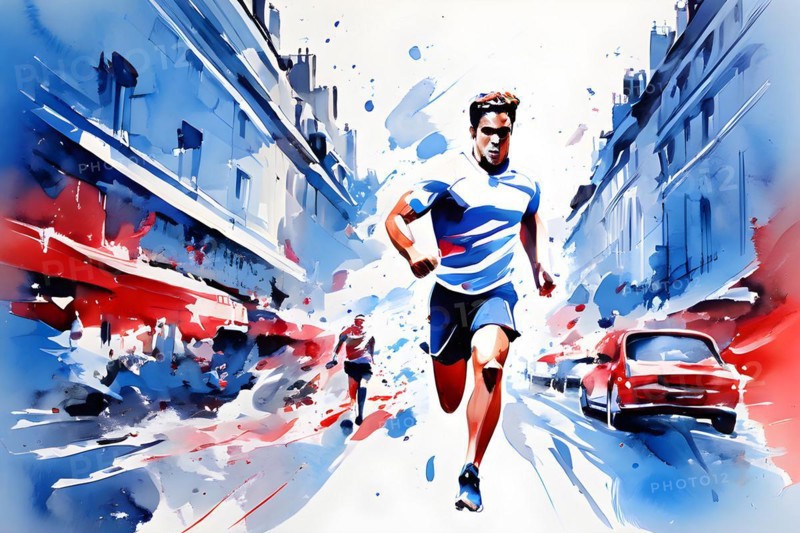 Marathon 2024 olympic runners in abstract dynamic shapes french tricolor blue white red, AI generated