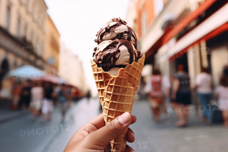 Hand holding vanilla ice cream with chocolate sauce in cone with blurry city in background. KI generiert, generiert, AI generated