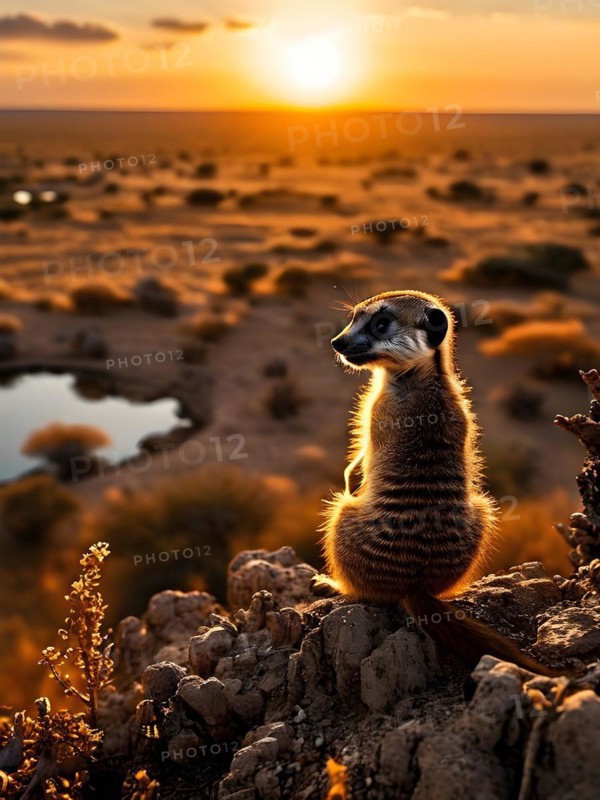 Meerkat silhouetted against the setting sun standing atop a termite mound in the kalahar desert, AI generated