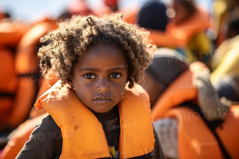 Young refugee child with orange safety vest in migration boat crossing ocean. KI generiert, generiert AI generated