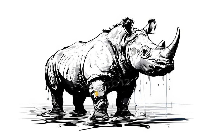 Black and white line art rhino, AI generated