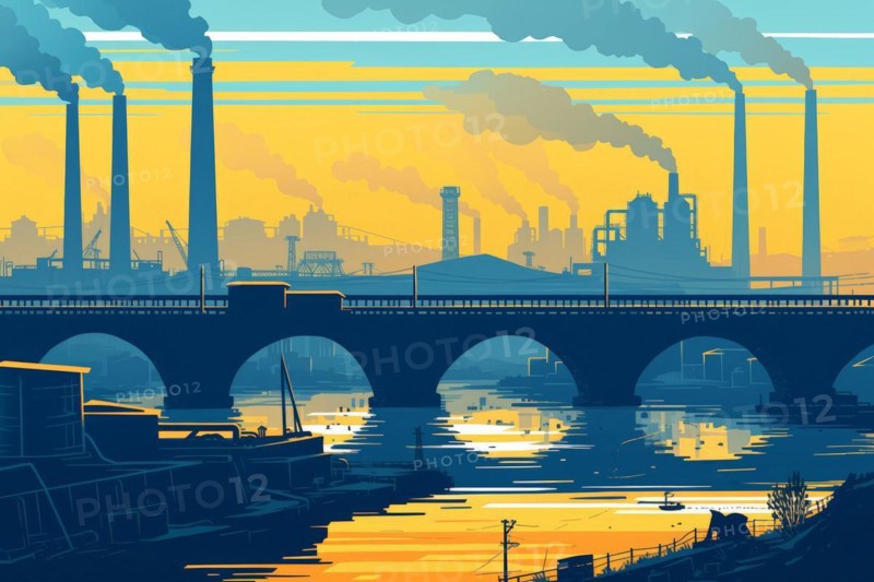 Illustration, graphic of an industrial landscape with bridges over a river, smoking chimneys at sunset, symbolic image for environmental pollution, AI generated, AI generated, AI generated