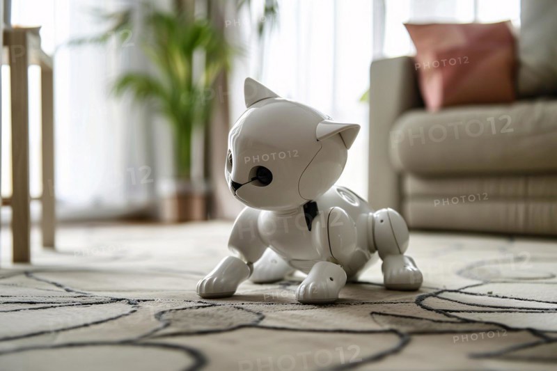White robotic cat on living room floor. KI generiert, generiert, AI generated