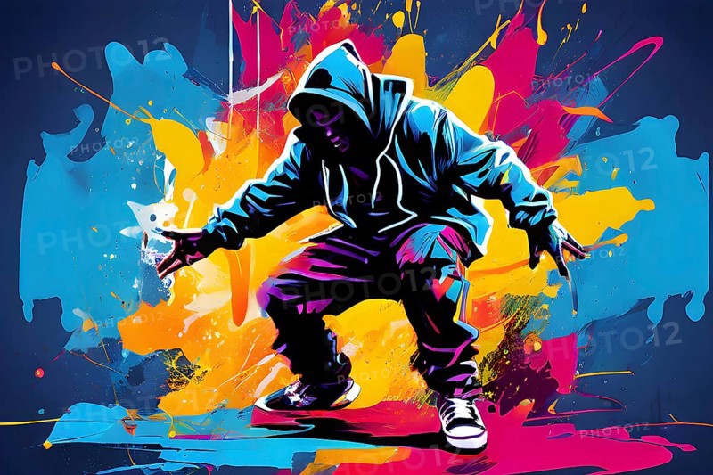 Illustration of a dynamic breakdancer mid action on a vibrant splash paint background, AI generated