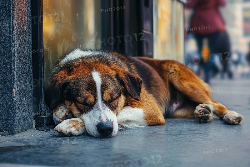 Stray dog sleeping on street. Generative AI, AI generated