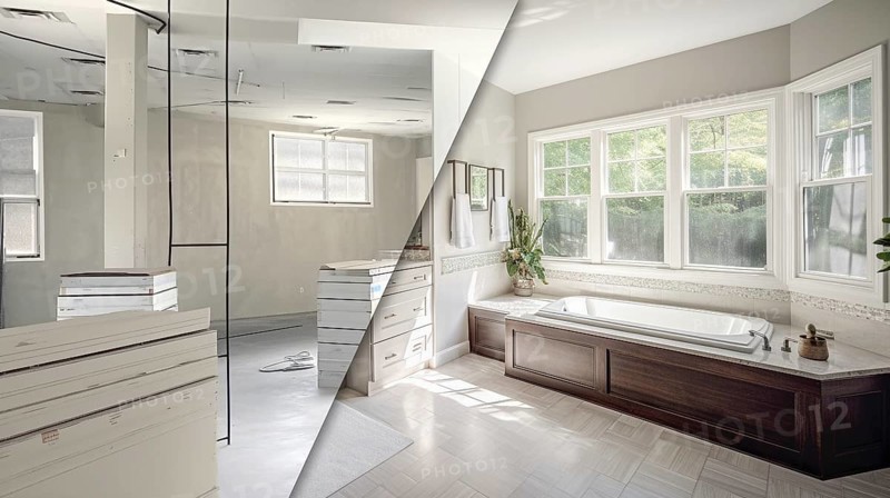Luxurious custom bathroom upgrade interior before and after construction, generative AI, AI generated