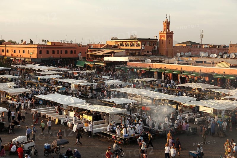 Restaurants on the Djemaa el Fna square in Marrakech, Morocco, Africa