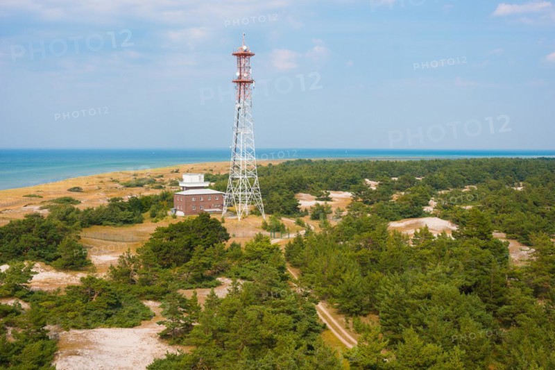 Marine radio tower, sandy coastal landscape with sandy beach, dunes and sparse vegetation, sand dunes, Darßwald forest, pine trees (Pinus), Darsser Ort, blue sea and blue sky, summer, view from Darßer Ort lighthouse, nature reserve, national geotope, Western Pomerania Lagoon National Park, Fischland-Darß-Zingst peninsula, Baltic Sea, Mecklenburg-Western Pomerania, Germany, Europe