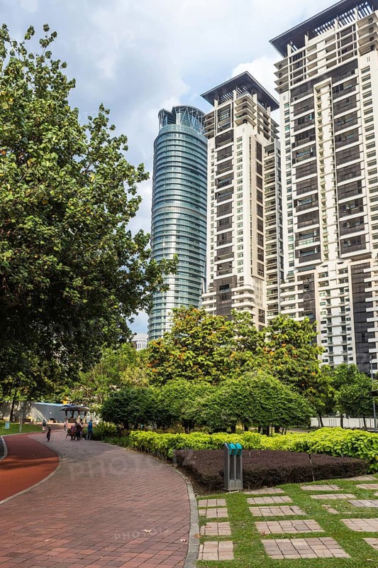 Modern building with a small garden and a brick walkway in Kuala Lumpur, Malaysia, Asia